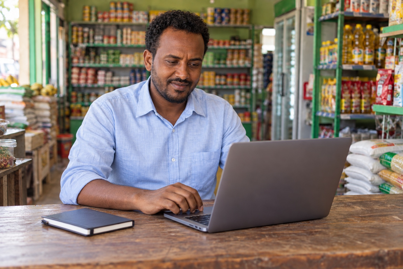 The same Somali shop owner smiling as he uses a laptop at an organized grocery counter.