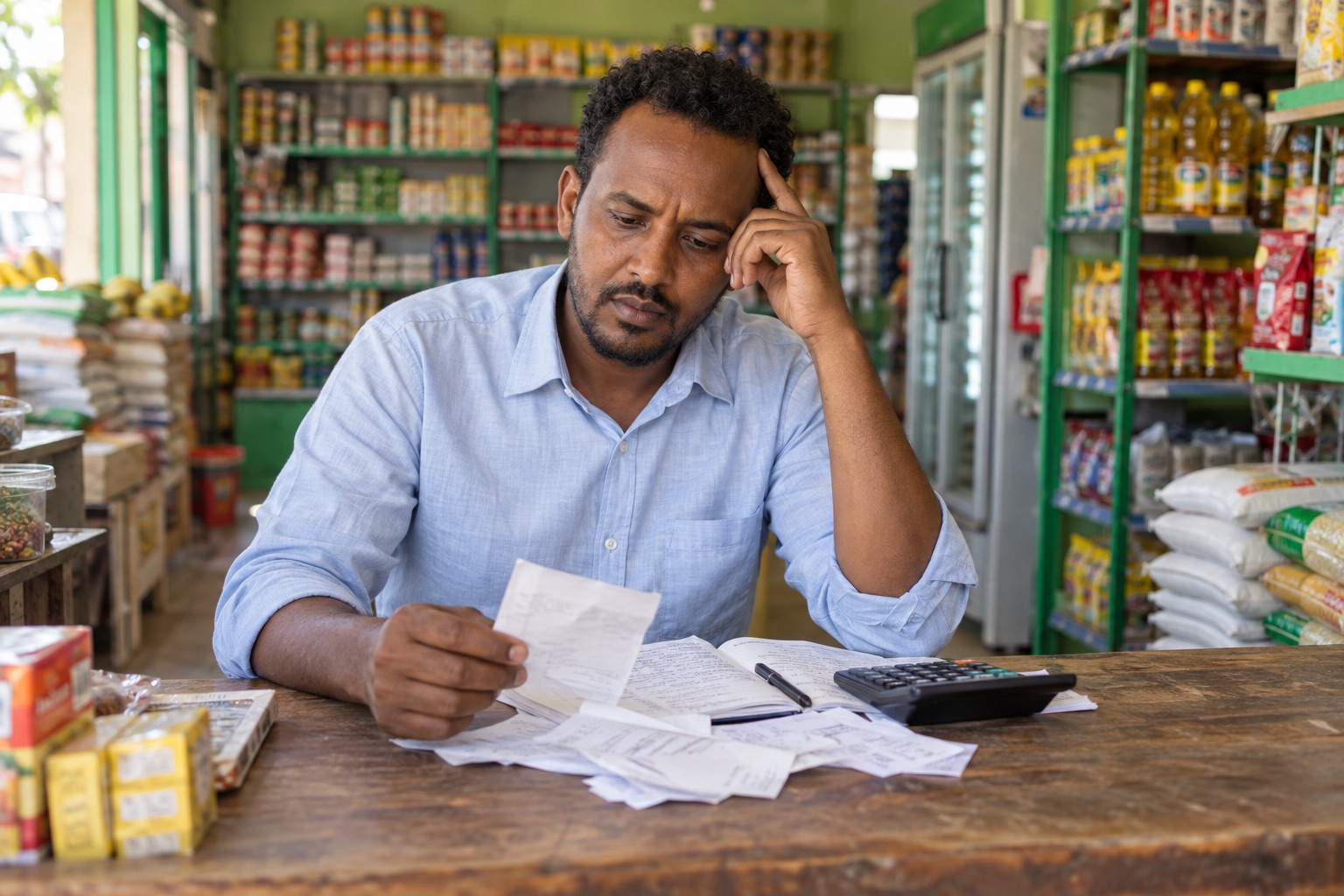 A worried Somali shop owner reviewing receipts and a notebook at his grocery counter.
